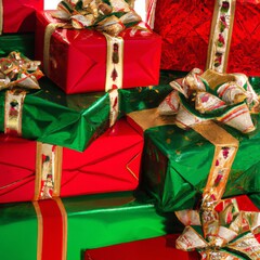 Mound of green and red gift boxes