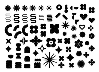 Gran conjunto de formas variadas; formas en color negro con textura grunge. Pegatinas de venta o descuento, iconos, insignias. Formas abstractas vatiadas vectorizadas