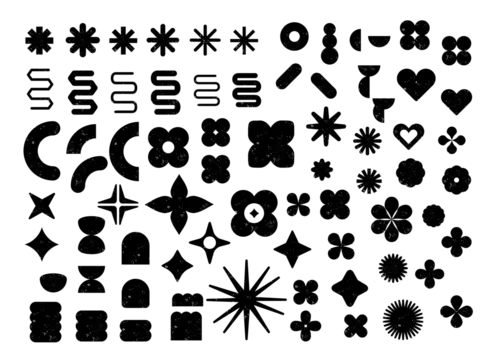 Conjunto de formas de estrellas en color negro y con textura grunge.  Pegatinas de venta o descuento, iconos, insignias. Estrellas con diferente  número de rayos, con vértices redondos y de punta. Stock