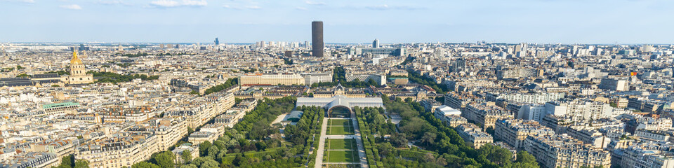 Champ de Mars park and Montparnasse tower seen from the second floor of the Eiffel Tower in Paris,...
