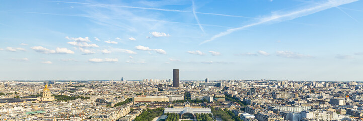 Champ de Mars park and Montparnasse tower seen from the second floor of the Eiffel Tower in Paris,...