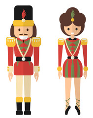 Ballerina and Nutcracker in red and green costumes, PNG transparent couple of Christmas toys from The Steadfast Tin Soldier tale