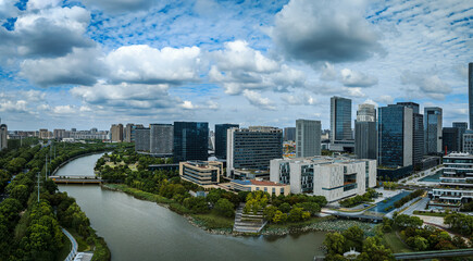 Aerial view of city skyline and modern buildings scenery in Ningbo, Zhejiang Province, China.