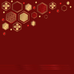 Happy Chinese New Year Red background. CNY gold decorations. Chinese greeting card.