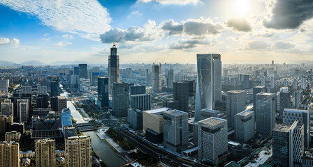 Aerial view of city skyline and modern buildings scenery in Ningbo, Zhejiang Province, China. East new town of Ningbo, It is the economic, cultural and commercial center of Ningbo City.