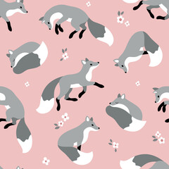 Seamless vector pattern with cute grey foxes and flowers. Perfect for textile, wallpaper or print design.
