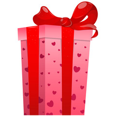 Christmas and Birthday colorful gift box with ribbon. Pink box with hearts for presents. Cartoon wrapped Christmas gift box, Valentine's day, winter holidays presents. Birthday gift box 