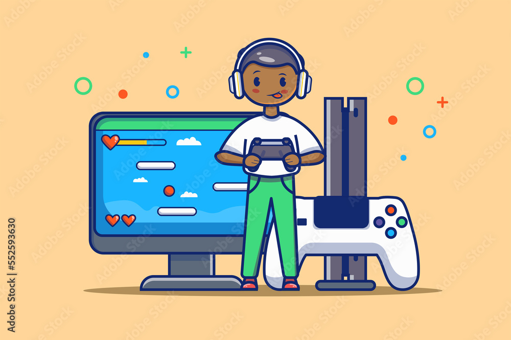 Poster video gaming concept in flat outline design. man in headset holding gamepad, standing near huge comp