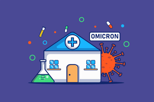Omicron virus concept in flat outline design. Coronavirus disease outbreak. Hospital or medical clinic, laboratory research, healthcare and treatment. Illustration with colorful line web scene