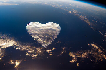 A satellite image in which clouds and earth atmosphere meet to form the heart of love. Ideal for romantic occasions, like Valentine's Day. - obrazy, fototapety, plakaty