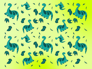 dinosaur pattern with foliage, leaves, plants illustration 