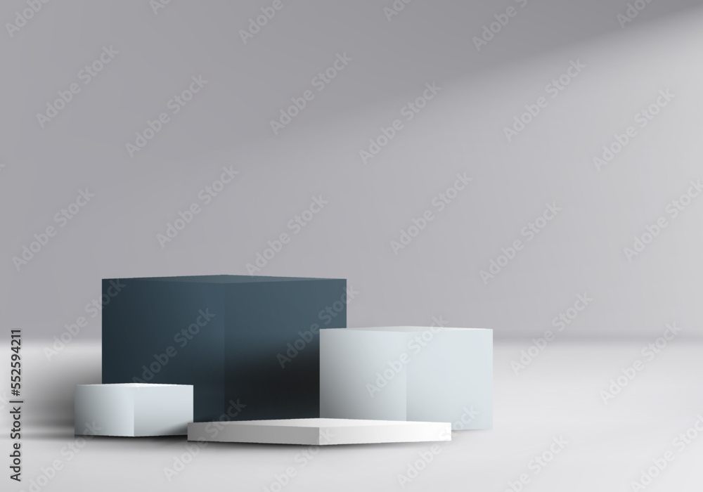 Poster 3d realistic four steps black and white podium platform pedestal cube shape display with lighting on