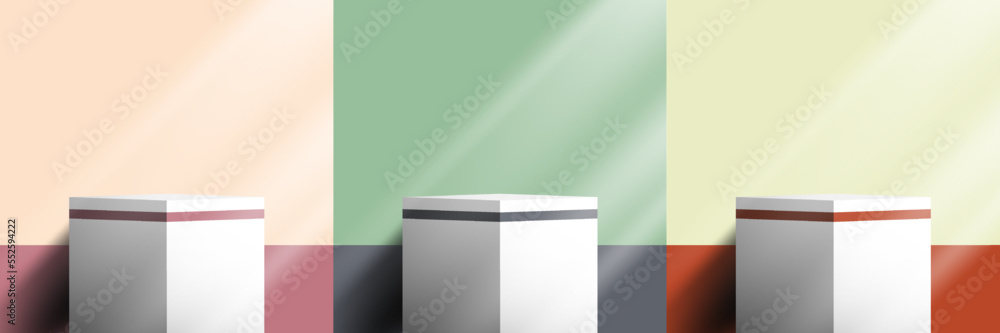 Poster set of 3d realistic podium platform pedestal stand cube shape display with lighting on pastels color