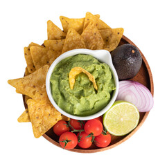 Guacamole bowl with nachos and ingredients