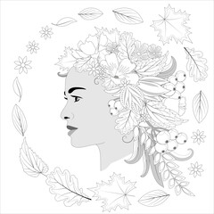 Girl with flowers, leaves and rowan berries on her head for coloring book. Vector illustration