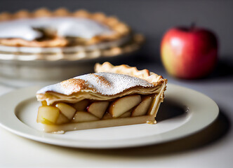 Delicious slice of apple pie with several visually appetizing layers. A perfect illustration to represent the power of desserts when you are hungry.