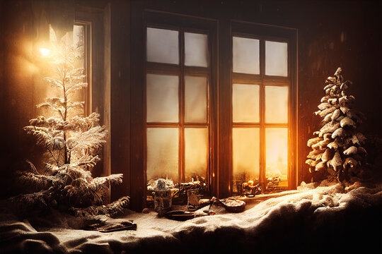 Rustic Window Covered With Snow At Christmas Night. Idyllic Xmas And New Year Vintage Background. Winter Holiday Scene View Trough Frozen Home Window.