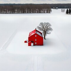 A red barn in the middle of a snowy field. 