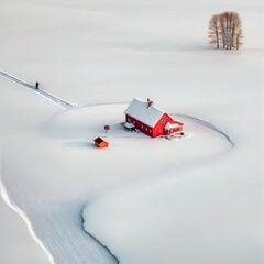A red barn in the middle of a snowy field. 