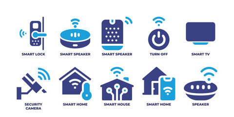 Fototapeta na wymiar Smart house icon set. Duotone color. Vector illustration. Containing a smart lock icon, smart speaker icon, smart speaker icon, icon, turn off icon, smart tv icon, security camera icon, and other