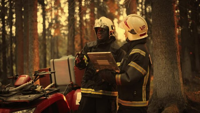 Portrait of Two Professional Firefighters Standing Next to ATV, Discussing the Situation During a Wildland Fire: Female Superintendent Talking with African American Squad Leader, Using Laptop Computer