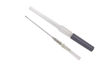 IV catheter with gray needle sheath placed isolate on white back - obrazy, fototapety, plakaty