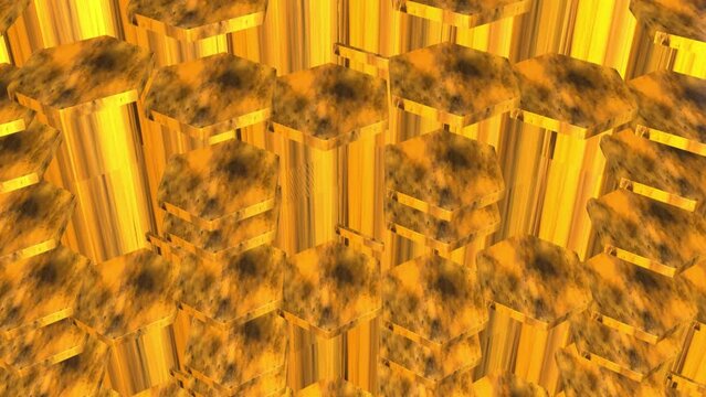 Moving grid of hexagons. Seamless looping colorful background made of gold hexagons of different height. Honeycombs at different level. Modern hexagonal background texture pattern.