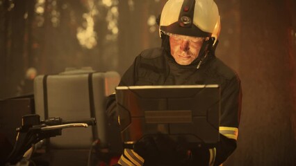Portrait of a Handsome Fireman in Safety Gear Using Heavy-Duty Laptop Computer, Reporting on a Situation with a Dangerous Wildland Fire in a Forest. Hard Day at Work for a Firefighter Volunteer.