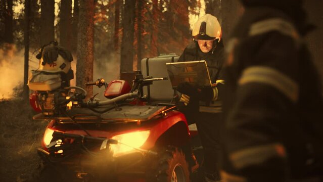 Brave Skillful Firefighter Standing Next to an ATV, Using Laptop Computer in Forest with Raging Brushfire. Superintendent or Squad Leader Making Sure Emergency Situation is Under Control.