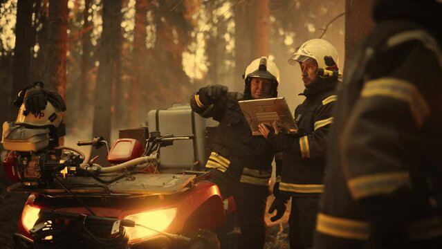Portrait of Two Professional Firefighters Standing Next to an All-Terrain Vehicle, Using Heavy-Duty Laptop Computer and Figuring Out a Best Solution for Extinguishing the Wildland Fire. Zoom In Shot.