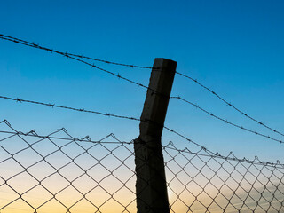 barbed wire against the sunset. barbed wire on the fence of the fenced territory.