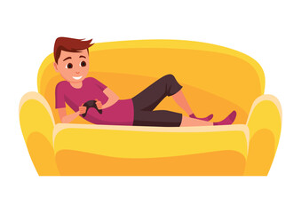 Video gaming kids. Boy playing games on joystick on game console. Kid video game addiction. Joyful teenager. Vector illustration of flat design