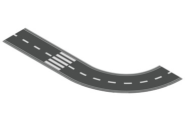 Isometric road element for highway city street map traffic creation. Asphalt part of road and route with curve