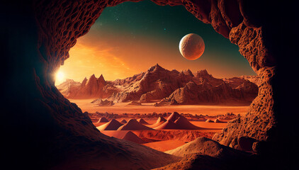 mars the red planet - landscape with desert and mountains, generative ai