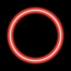 Neon glowing frame, e-circle. Illuminated geometric shape. Sign, template design element. Bright multicolored circle with blank emptyspace inside