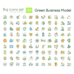 Environmental business model RGB color icons set. Eco-conscious society. Isolated vector illustrations. Simple filled line drawings collection. Editable stroke. Quicksand-Light font used