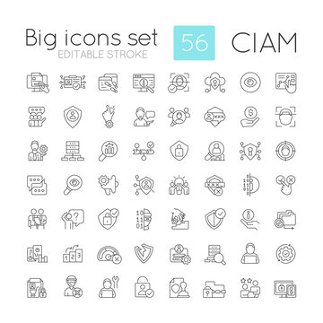Consumer identity and access management linear icons set. Implementing CIAM. Customizable thin line symbols. Isolated vector outline illustrations. Editable stroke. Quicksand-Light font used