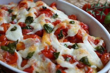 Italian baked pasta PACCHERI con tomatoes, mozzarella and fresh basil