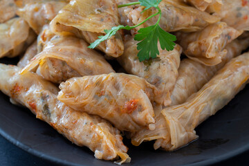 Lahana Sarma, Turkish traditional food,a boiled cabbage leaf that is formed into a roll with a stuffing of rice