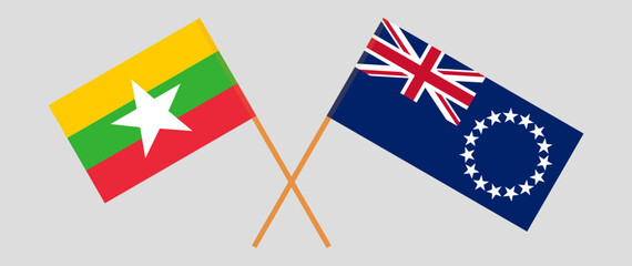 Crossed flags of Myanmar and Cook Islands. Official colors. Correct proportion