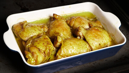 Chicken thighs baked to a golden crust, chicken meat on a baking sheet. The oven is open, and in it
roasting, roasting chicken.