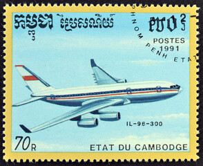Cancelled postage stamp printed by Cambodia, that shows Airplane Ilyushin Il-96-300, circa 1991.