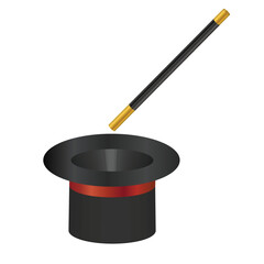 Magic cylinder hat and wand isolated on white backgound.Magician, circus and show.A trick or illusion.Wizzard illusionist.Sign, symbol, icon or logo.Graphic design.Realistic vector illustration.