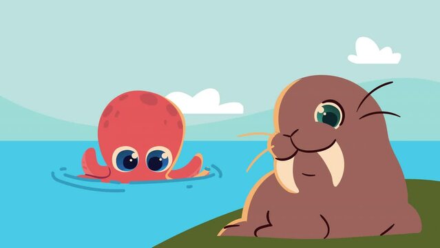 octopus and sea lion characters animation