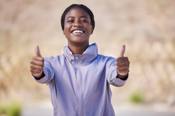 Thumbs up, black woman and success, winner and sports workout motivation in Brazil. Portrait, thumb...