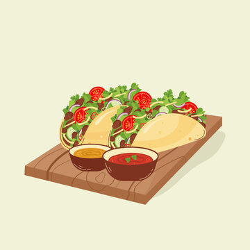 Tacos On A Wooden Board With Sauces, A Mexican Dish. Latin American Food. Vector Illustration.