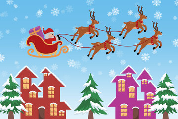 Christmas Background with Santa Claus Ride Reindeer Sleigh
