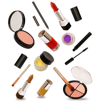 Multiple makeup fashion related items isolated on cutout transparent background