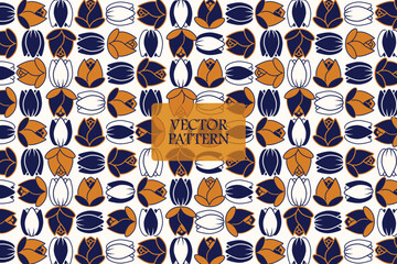 Tulip and rose tile outline abstract dark blue and brown on a white background. Vector seamless repeat pattern