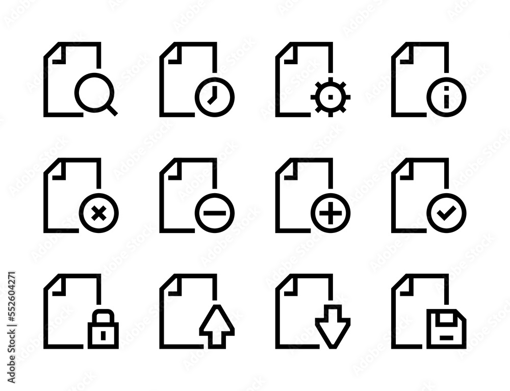 Poster file management, document settings and paperwork line vector icons. file type and page form editable